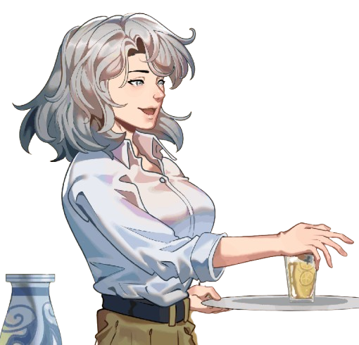 Maggie, the proprietor of Maggie's Kitchen, carrying a tray with a drink